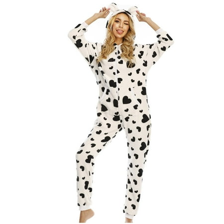 

Christmas Pajamas for Women Cute Love Heart Print Cartoon Ears Hooded Sleepwear Outfits Fashion Zipper Pocket Jumpsuit Homewear