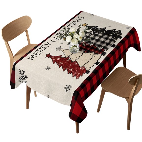 Waterproof Tablecloth Merry Christmas Tree Snowflake Rectangle Table Cloth 52x70in,Wipeable Washable Table Cover Red and Black Plaid Tablecloths for Dining Tables Kitchen Picnic Outdoor Party