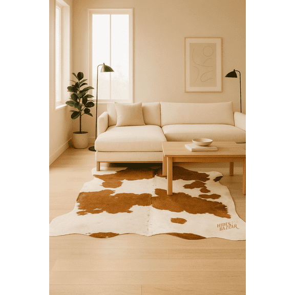 Genuine Leather Cowhide Brown and White Area Rug, 6x7 Ft