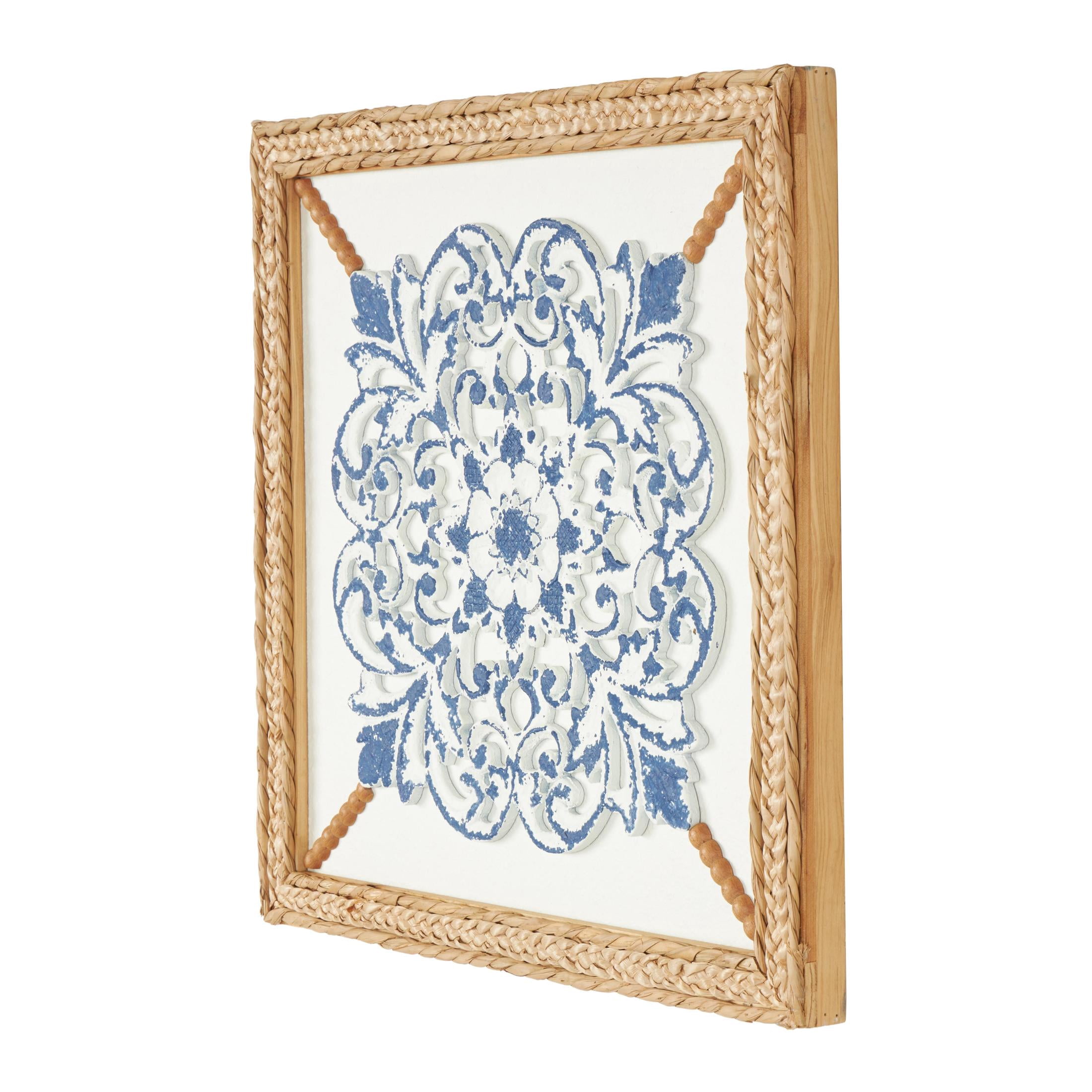 DecMode Blue Wood Relief Floral Wall Decor with Brown Woven Seagrass Frame and White Backing