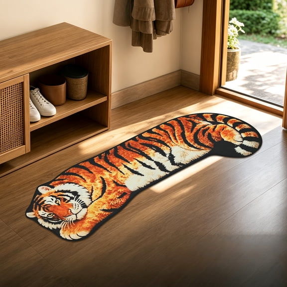 Tiger Area Rug, 46.46"×13.78" Carpet, Non‑Slip Machine Washable Tiger Shaped Rug for Bedroom Bathroom Living Room Home Decor