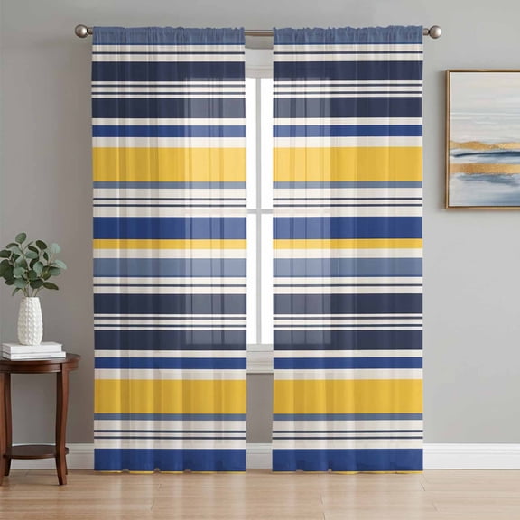 Navy Blue Yellow Striped Semi Sheer Curtains 108 Inch Length 2 Panels Set, Farmhouse Vintage Stripe Sheer Kitchen Curtain Privacy Voile Window Curtain for Living Room Bedroom Rod Pocket Drapes