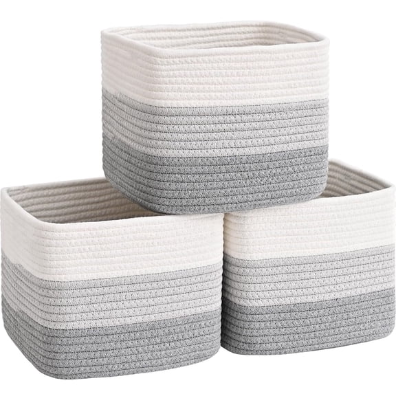 Natubeau 3 Pack Woven Storage Basket for Shelves, 9"L x 9"W x 7"H Cube Storage Bins, Cotton Rope Woven Baskets for Organizing, Gradient Grey