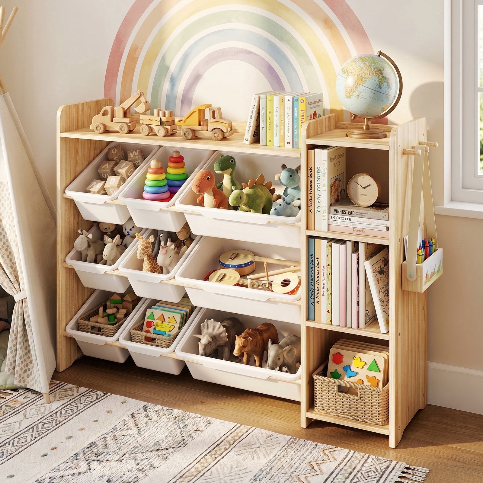 DOREROOM Kids Toy Storage Organizer White and Natural Wood 3 Tiers with 9 Storage Bins