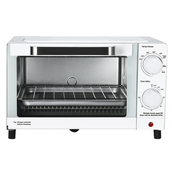 Mainstays 4 Slice Countertop Toaster Oven with 3 Settings, Includes Baking Rack and Pan, Arctic White, New