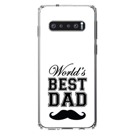 DistinctInk Clear Shockproof Hybrid Case for Samsung Galaxy S10  PLUS(6.4" Screen) - TPU Bumper, Acrylic Back, Tempered Glass Screen Protector - Black World's Best Dad Moustache - Happy Father's Day