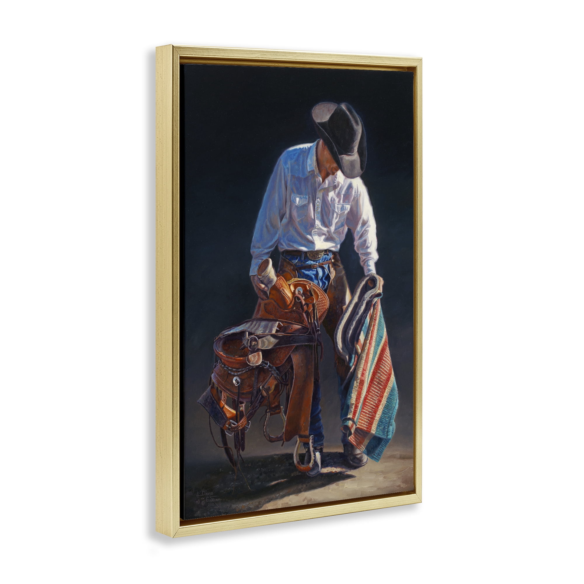 Stupell Industries Stoic Cowboy & Saddle Novelty Painting Gold Floater Framed Canvas Art Print Wall Art, 17 x 25