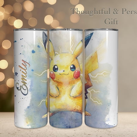 Pokemon Characters Pikachu and Friends Personalized 20 oz Skinny Watercolor Yellow Lightning Coffee Cup Tumbler