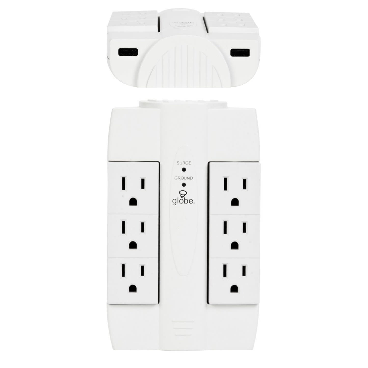 Globe Electric 6-Outlet Swivel Space Saving 2 USB Port Surge Protector Wall T... 