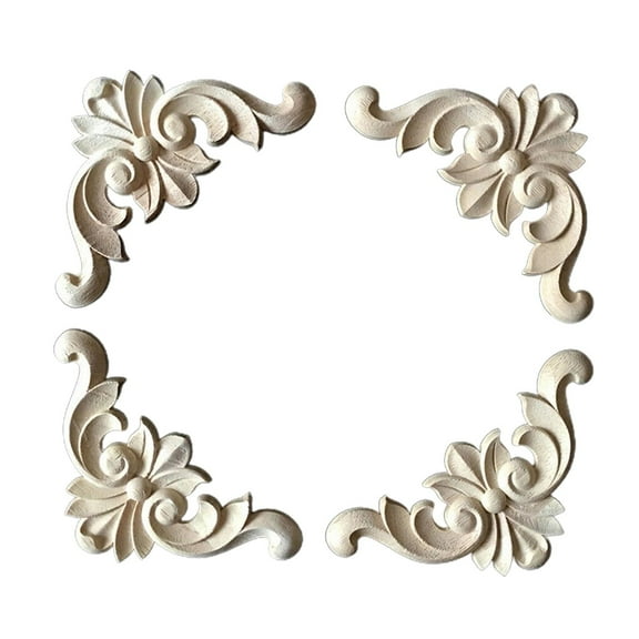 4 Carved Applique, Stickers, Frames, Wooden Figures, Moldings, Unpainted Wood 6cmx6cm