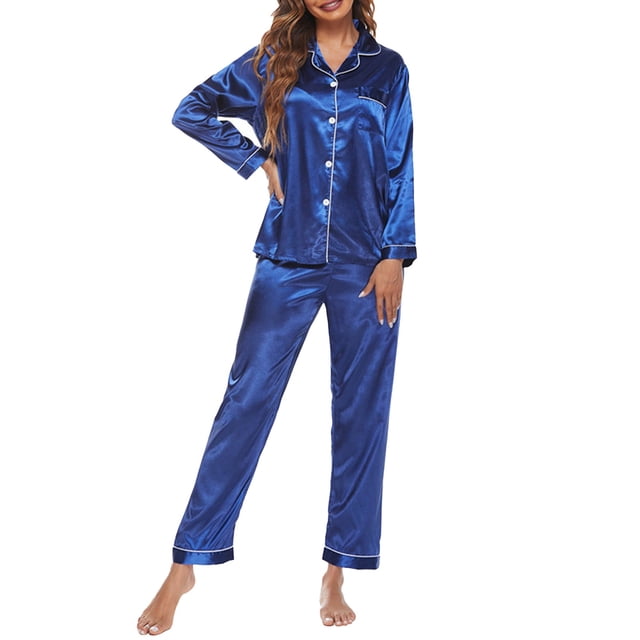 Gibobby camisón de manga larga Conjunto de pijamas de mujer Ropa de dormir de satén Lencería sexy Camisa con cuello en V Ropa de dormir larga Ropa de casa (Blue, S)