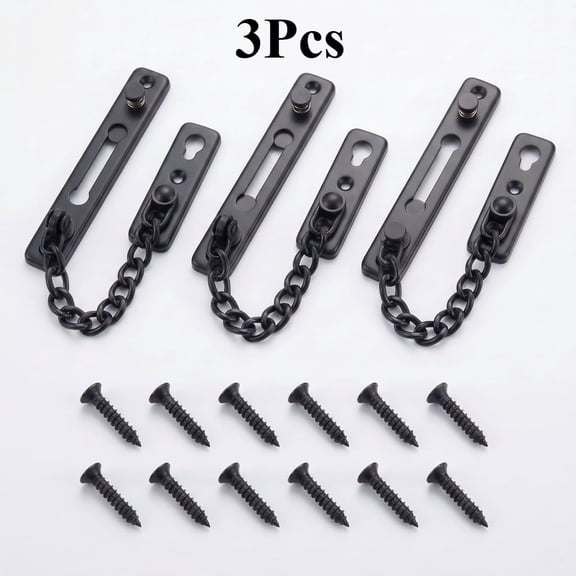 3 Pack Matte Black Stainless Steel Door Chain Lock, Spring Anti-Theft Press Door Guard