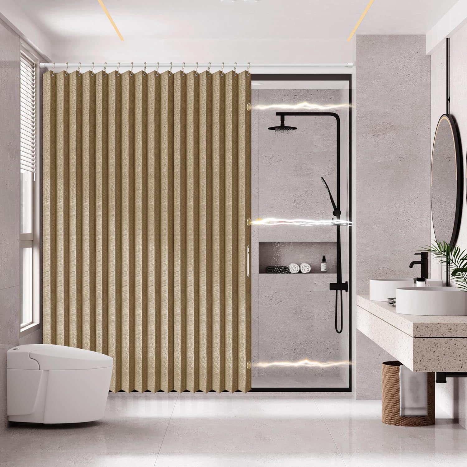 Magnetic Folding Shower Curtains Acordion Shower Curtain Fabric Polyester Waterproof Shower Curtains Suitable for Family Hotel Homestay Bathroom (Brown,77" W x 72" L) 1 Panel