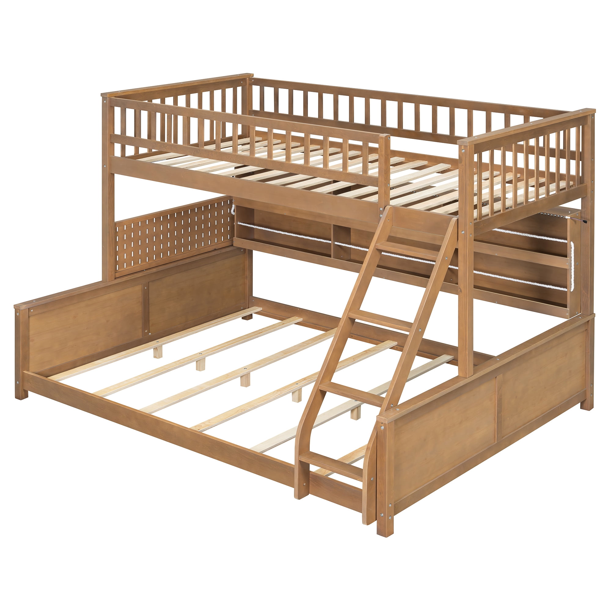 Twin XL over Queen Bunk Bed with Integrated Side Storage Shelves and Color-Changing LED Lights, Solid Wood Bunk Bed Frame with Integrated Shelving and Pegboard for Kids Teens Adults