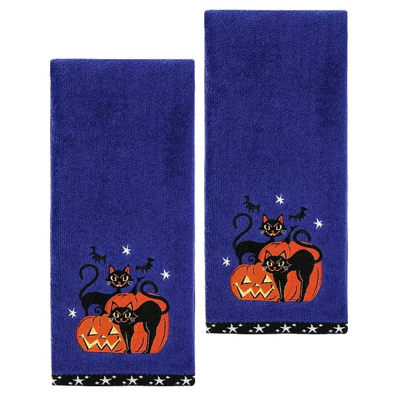 Celebrate Together Halloween Bath Hand Towels 2-Piece Black Cats Pumpkins
