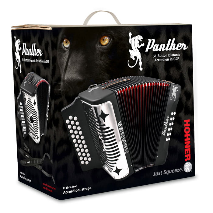 Black Bundle with Hohner Strap Mini Harmonica Juliet Music Polish Cloth & Piano Key Stickers Hohner Panther G/C/F 3-Row Diatonic Accordion 3100GB 