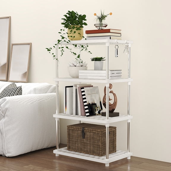 Toralie 4-Tier Plastic Storage Shelves, White Independent Shelving Unit, Floor Storage Rack for Kitchen Pantry Closet Bathroom Laundry Garage, Connectable and Easy to Clean