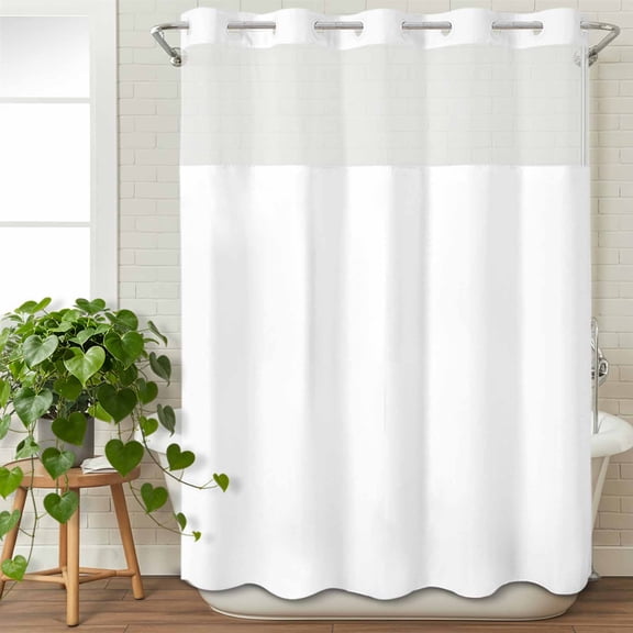 No Hook Shower Curtain with Snap in Liner, Minimalist Modern Art Waterproof Bath Curtain Double Layers with See Through Top Window, Solid Pure White Color Hotel Shower Curtains 48x72in