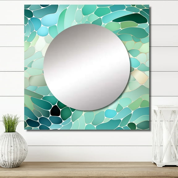 Designart "Emerald Seaglass Mosaic II" Abstract Square Mirror Wall Decor Modern - Large Green Square Bathroom Mirror - Square Printed Wall Mirror Art