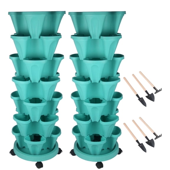 Stackable Planter with Wheels and Tools, Indoor Outdoor Gardening Pots - 7 Tier Vertical Garden Planter, Teal, 2 Set