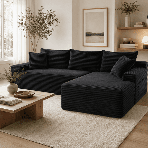 Black Corduroy L-Shaped Sectional Sofa in a Box, 4-Seat Compressed Modular Couch with Reversible Chaise, Deep Seat, Throw Pillows, No Assembly for Living Room Apartment,94.5"