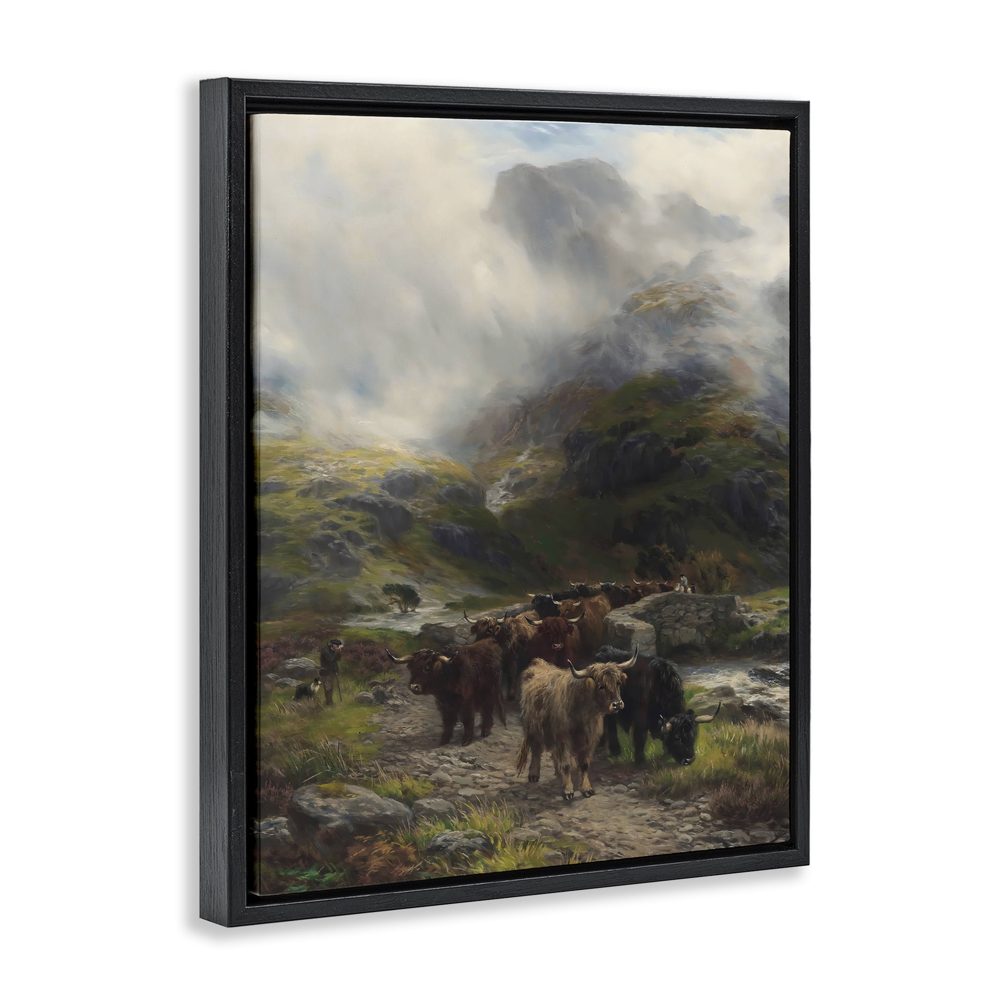 Stupell Industries Moody Highland Cows Herd Black Framed Floater Canvas Wall Art, design by Arlington Prints