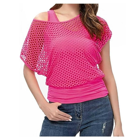 STETMN Women's Off Shoulder T-Shirt Sexy 80s Costumes Fishnet Neon Short Sleeve Top Trendy Party Shirts