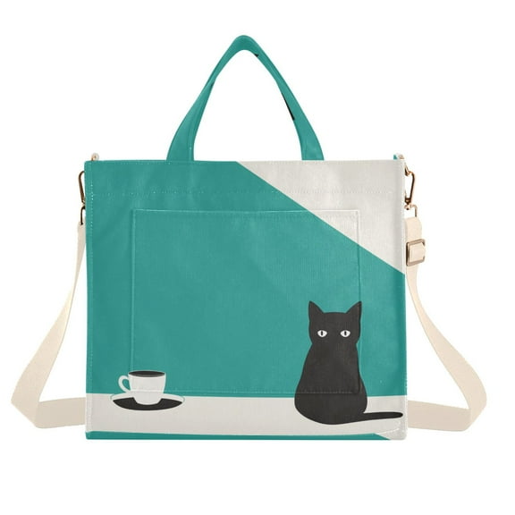 FORMRS Womens Corduroy Tote Bag Crossbody Shoulder Handbag with Pocket, Black Cat and Coffee