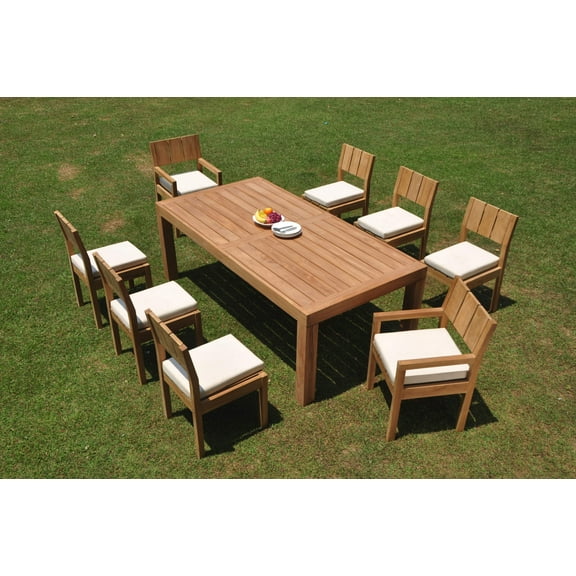 Grade-A Teak Dining Set: 8 Seater 9 Pc: 86" Canberra Rectangle Table And 8 Veranda Chairs (2 Arm & 6 Armless Chairs) Outdoor WholesaleTeak #WMVR32
