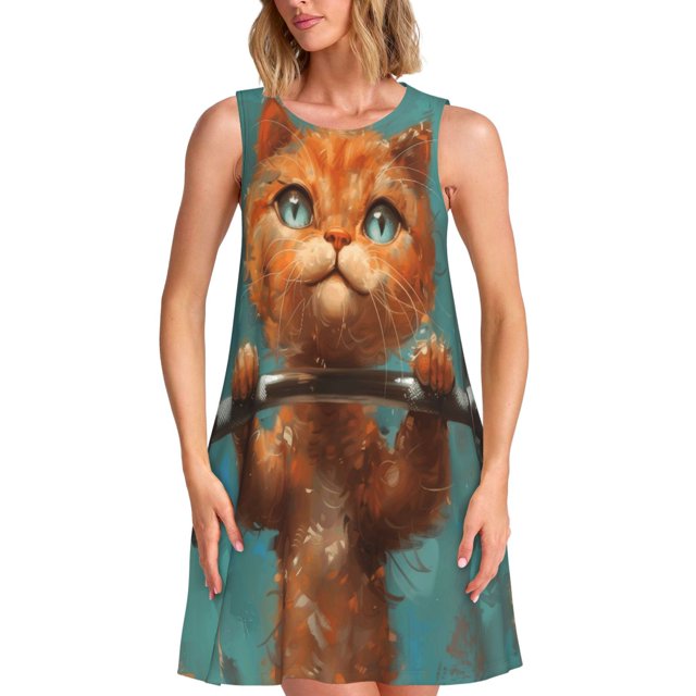 Easygdp Strong Kitten Lifting Weights para Vestido Transpirable de Mujer, Vestido Suelto de Manga Corta con Pliegues y Bolsillos para el Verano