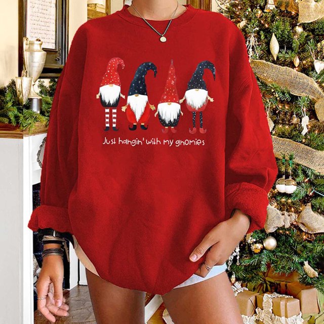 Mode Femme T-Shirt à Manches Longues Col Rond Automne Imprimé Noël Blouse Ample Chandail en Molleton