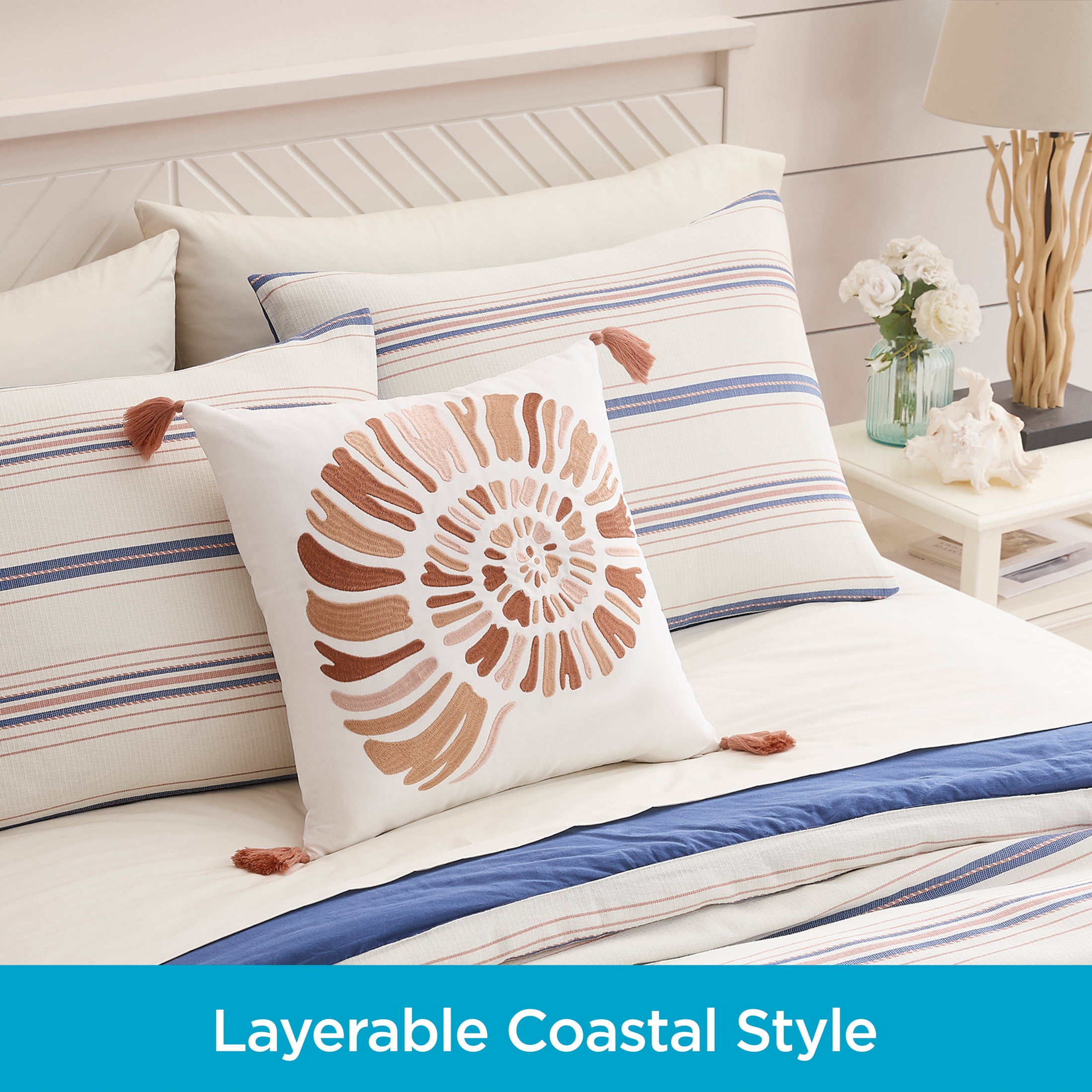 Coastal Living 18" x 18" Orange & White Seashell 100% Cotton Decorative Throw Pillow for Couch or Bed