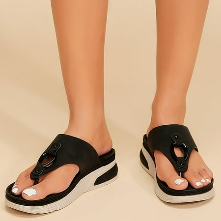 

Summer Flip Flops for Women Flat Sandals Fashion Buckle T-Strap Comfortable Platform Shoes Black 6
