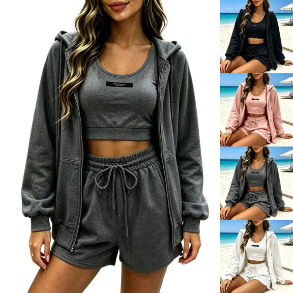 Women's 3 Piece Tracksuit Set Zip up Hoodie Vest and Shorts Athletic Workout Outfit Casual Sports Sweatsuit for Women White
