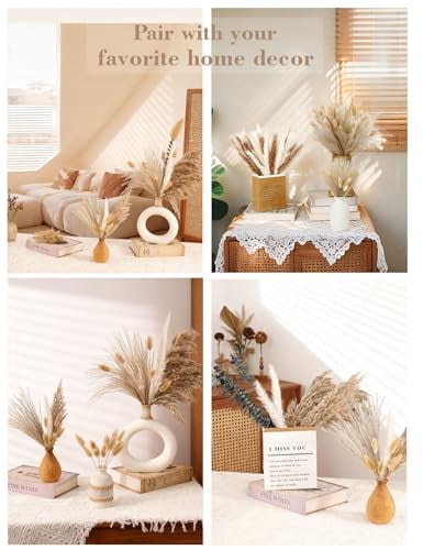 120 PCS Dried Pampas Grass Bouquet, Natural Reed Grass and Dried Flowers for Boho Wedding, Home Table, Rustic Farmhouse Decor (Light Brown)