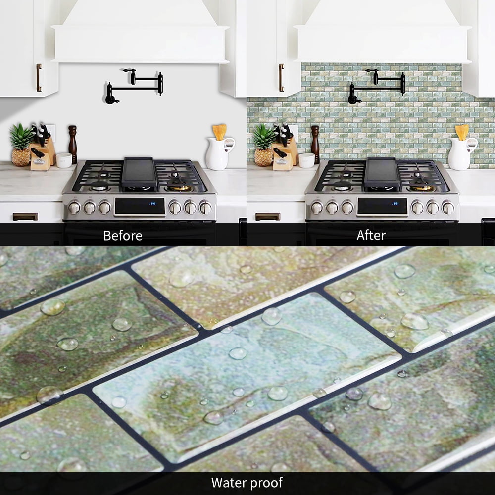 DEWOO 10 Sheets Peel and Stick Tile Backsplash for Kitchen Wall Tile, Self Adhesive Brick Backsplash Subway Tiles Backsplash, Stick on Tiles Kitchen Backsplash(Retro Green,10.6"x10")
