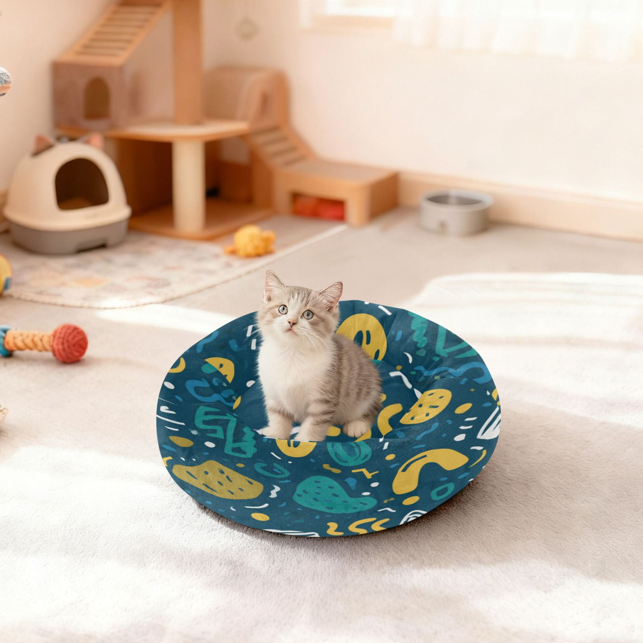 Iauyy Pet Couch Donut Cat Bed for Indoor Cats/Small Dogs Washable & Machine with Non-slip Bottom Calming Cat Furniture, Teal Mustard Yellow (M)