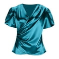 thumbnail image 5 of Fewfanhot T Shirts for Women Casual Solid Color Wrap-Over Ruffled Short Sleeve V-Neck Going Out T-Shirt, 5 of 7