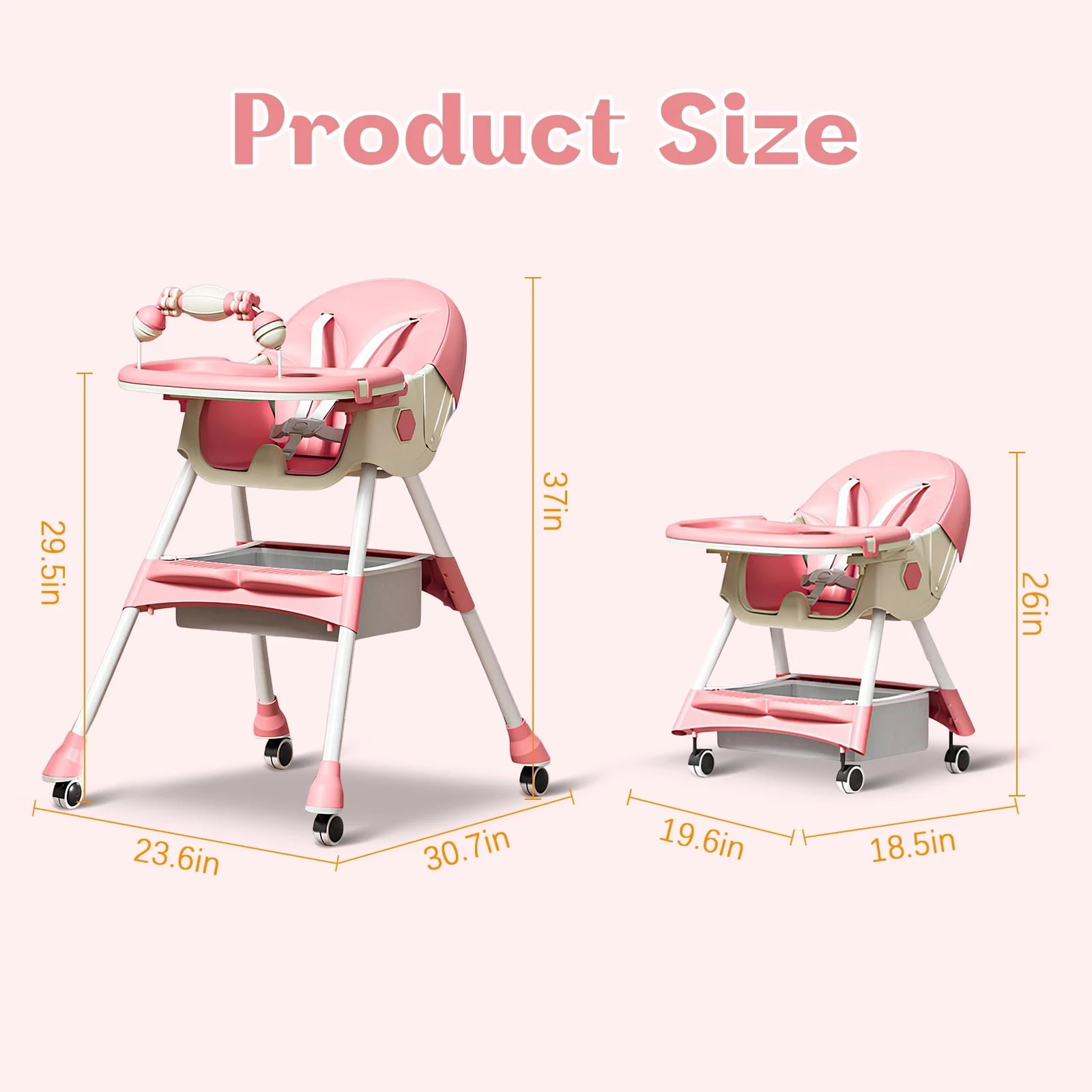 XunKA 4-in-1 Baby High Chair, Portable Fortable Toddler Dining Chair Eat & Play with Double-Layer Dinner Plate and Toy Rack for 6-36 Month, Pink.