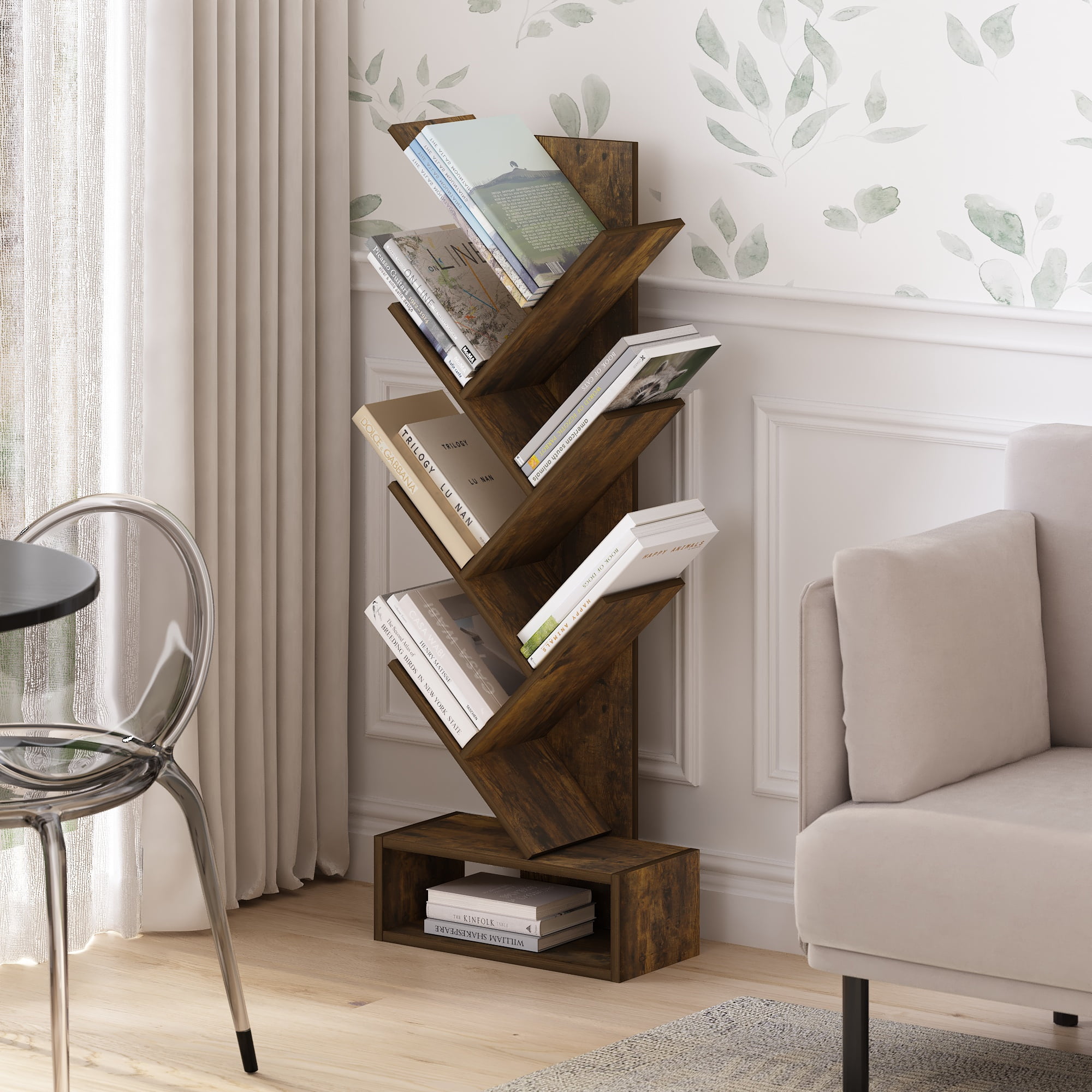 Sorbus Modern Tree Bookshelf – 7-Tier Zigzag Bookcase with Drawer