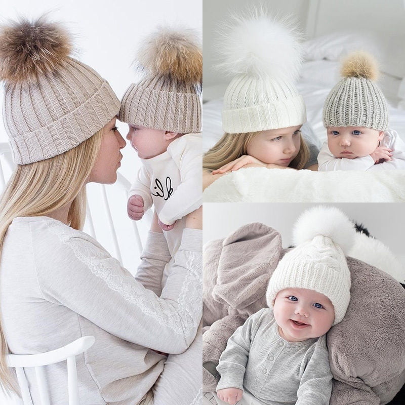 Women Kids Baby Mom Warm Winter Knit Beanie Fur Pom Pom Hat Lovely Ski Ball Cap 