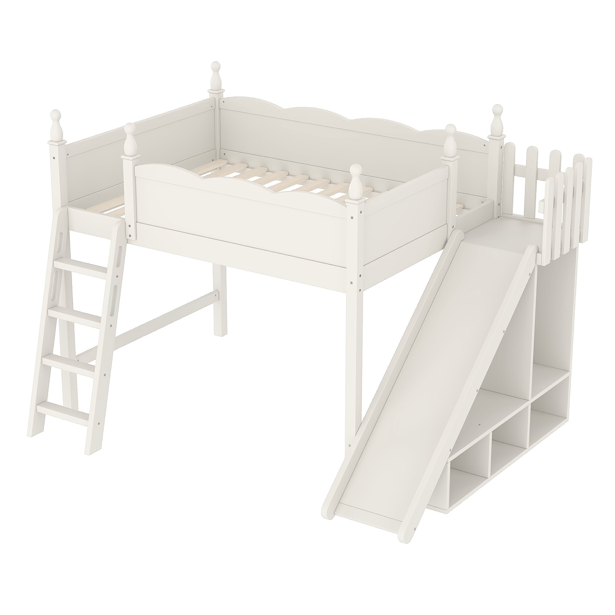 Leumius Full Loft Bed Frame with Storage Shelves and Wardrobe, Solid Wood Loft Bed with Detachable Slide and Ladders for Kids Teens Adults Beige