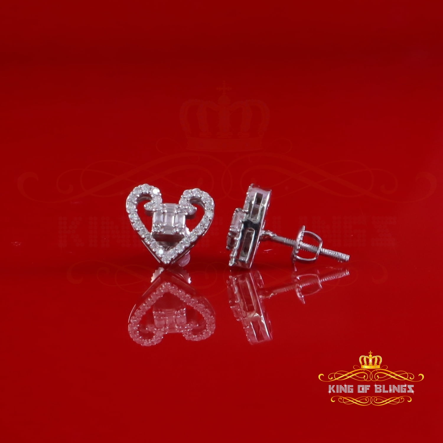 King of Bling's 0.50ct Baguette VVS D Moissanite Men/Womens 925 Silver White Heart Stud Earring
