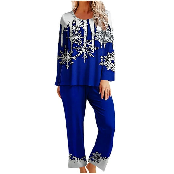 asdoklhq Plus Size Pajamas for Women Set Ladies' Fashion Christmas Print Casual Round Neck Long Sleeve Top Pants Pajama Set Blue L