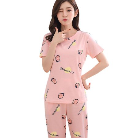 

Popvcly Summer Thin Pajamas 2-piece Suit Cute Printed Short-sleeved Shorts Milk Silk Ladies Pajamas Type A L