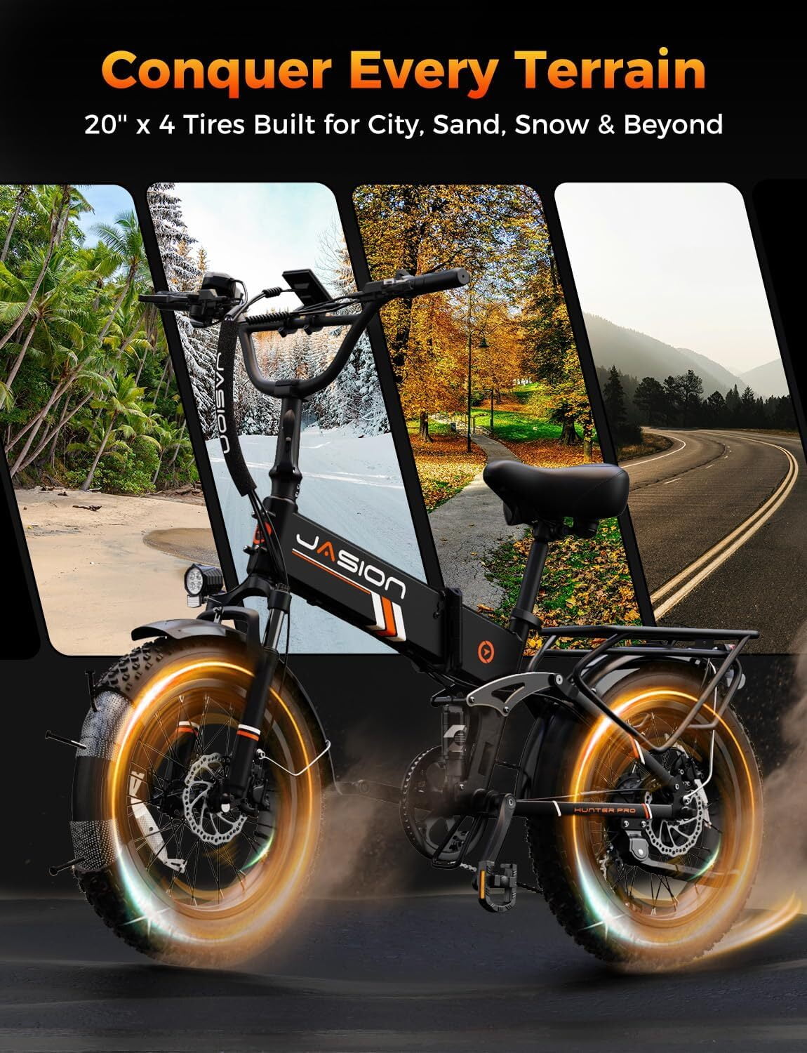 Jasion Hunter Pro Electric Bike for Adults, 1000W Folding Ebike with 48V 15AH Removable Battery, 20" x 4.0 Fat Tire Foldable Electric Bicycle, 80 Miles Range, App Control, UL 2849