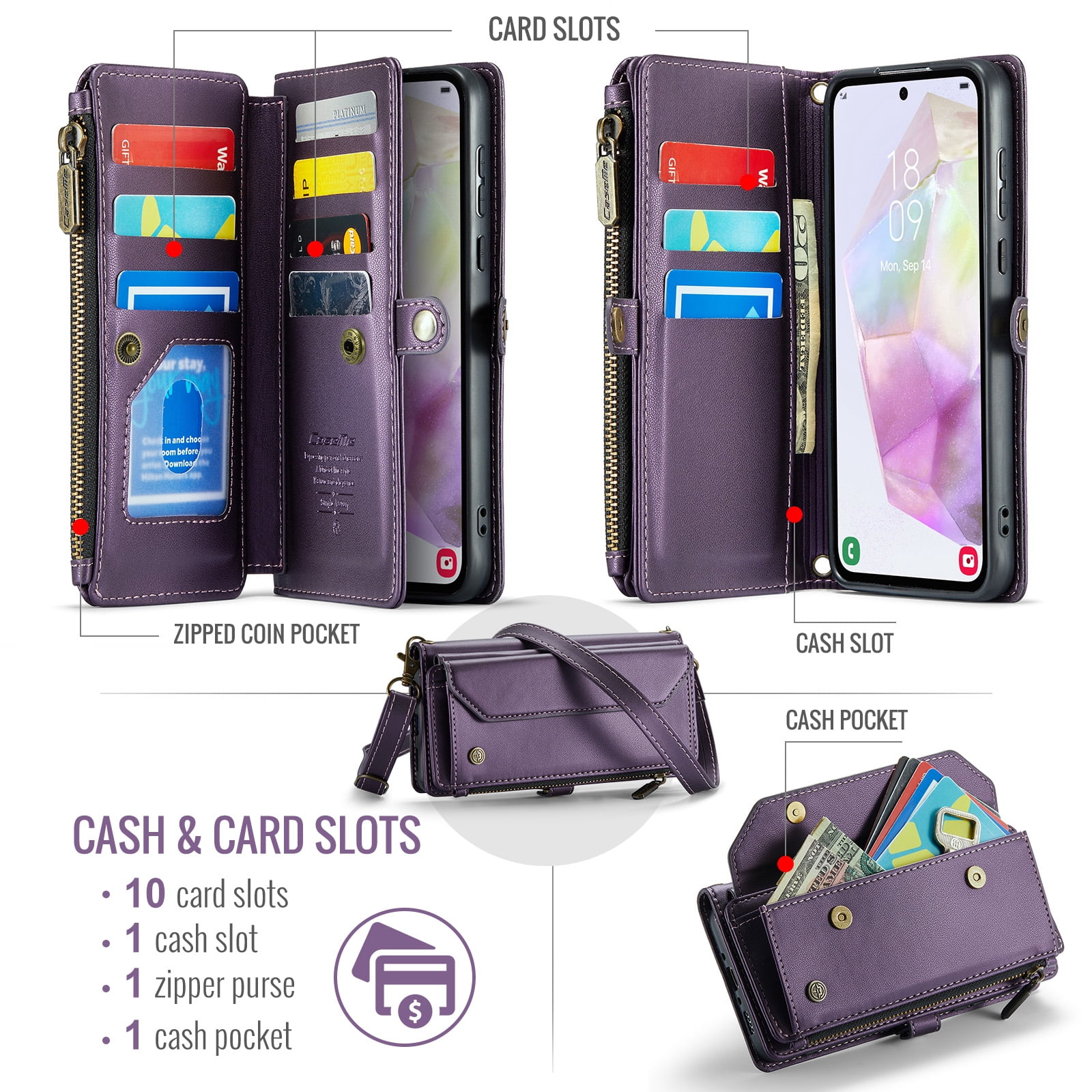 for Samsung Galaxy A14 5G Full Body Protection Wallet Folio Flip Case, Shoulder Strap & Wristlet Card Slots Zipper Pocket RFID Blocking Rugged Durable PU Leather Phone Case Cover, Purple