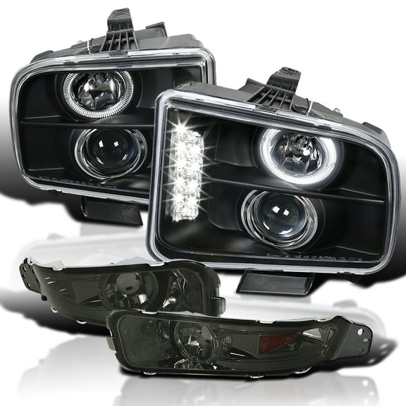 Spec-D Tuning Black Halo LED Projector Headlights   Smoke Bumper Lamps Compatible with 2005-2009 Ford Mustang, Left   Right Pair Headlamps Assembly