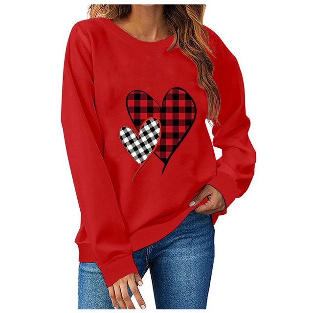 TIMIFIS Chandail Molletonné Surdimensionné pour Femmes Tenue de la Saint-Valentin Femmes Chandail Décontracté à Col Rond Hauts Chandail Mignon à Imprimé Amour Chandail à Manches Longues Chemise - Printemps/été