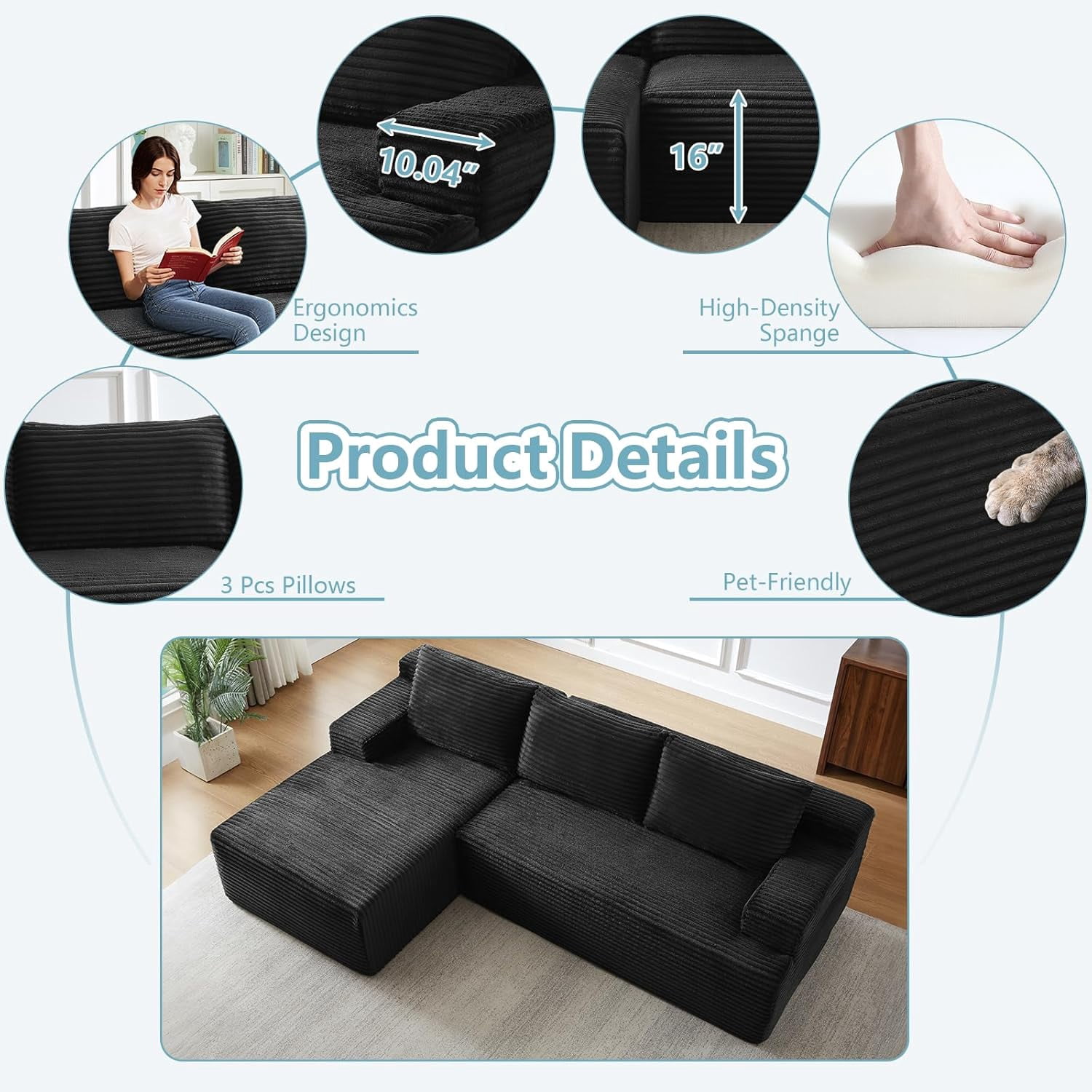 96" Boneless Cloud Couch with Chaise, Modular Sectional Sofa for Living Room, No Assembly Required, Deep Seat Corduroy Couch, Black
